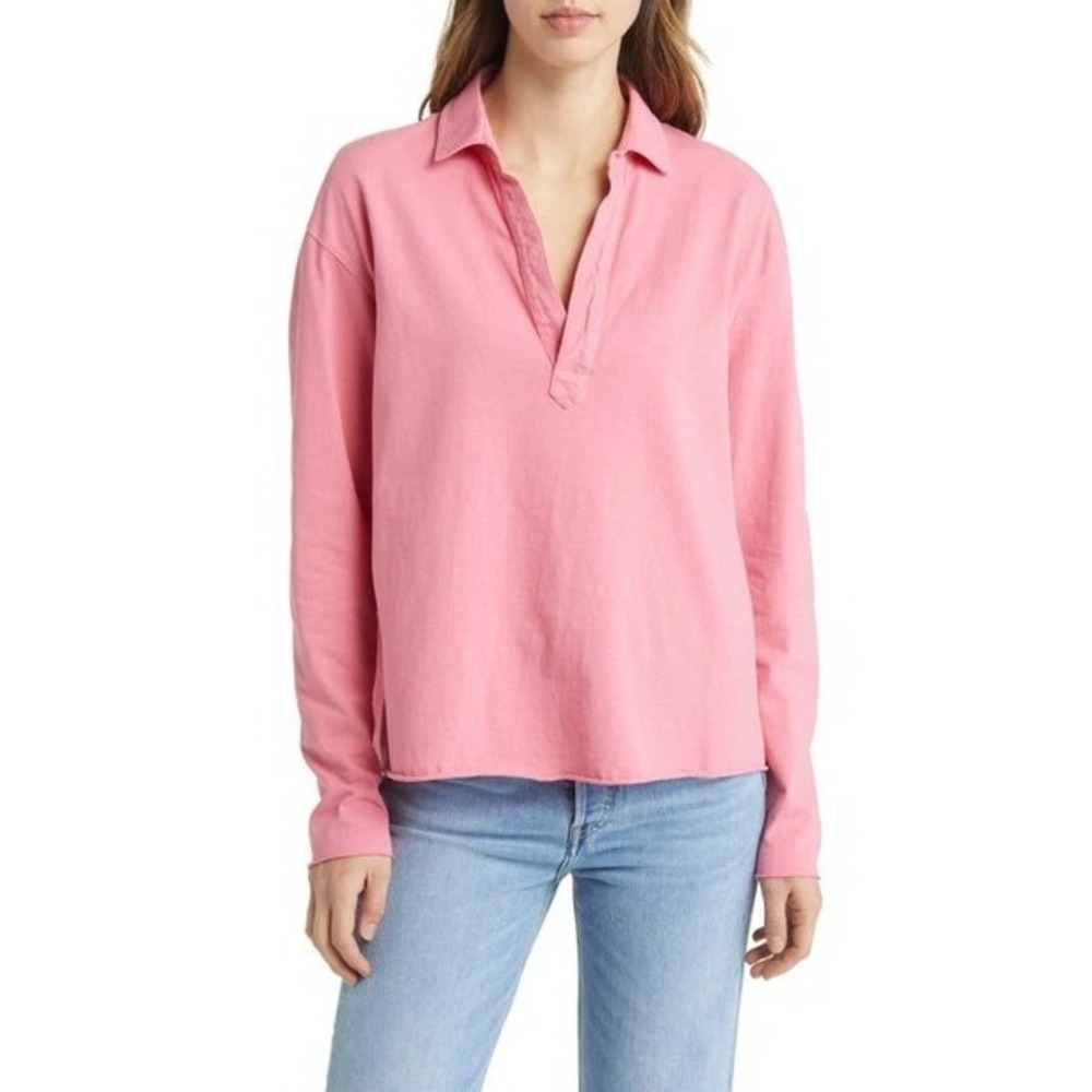 Frank & Eileen Patrick Popover Henley Long Sleeve Top Size XL Pink Taffy